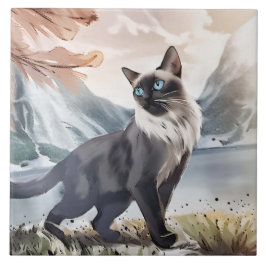 Vattentfärg, svart och vitt fluffy-katt av naturen kakelplatta