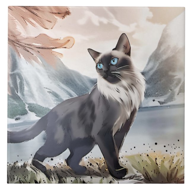 Vattentfärg, svart och vitt fluffy-katt av naturen kakelplatta (Framsidan)