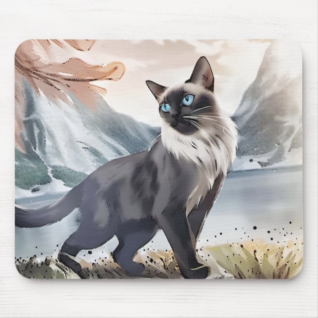 Vattentfärg, svart och vitt fluffy-katt av naturen musmatta (Framsidan)