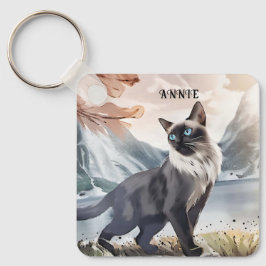 Vattentfärg, svart och vitt fluffy-katt av naturen nyckelring