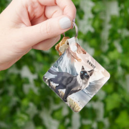 Vattentfärg, svart och vitt fluffy-katt av naturen nyckelring