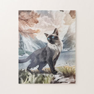 Vattentfärg, svart och vitt fluffy-katt av naturen pussel