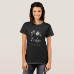vattentorfärg, blommigt, blomsterflicka svart t shirt<br><div class="desc">En målad blomma med elegant burgundi och dammig blåa blommor. Texten och färg kan vara personlig.</div>