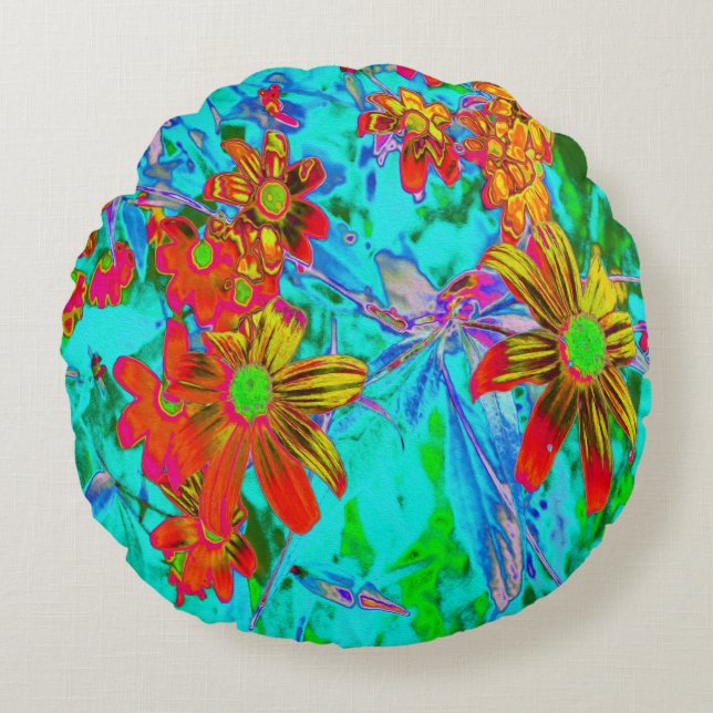 Vattentropiska med Gult- och Orange Flowers Rund Kudde (Framsidan)