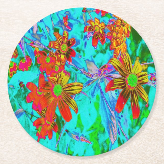 Vattentropiska med Gult- och Orange Flowers Underlägg Papper Rund (Framsidan)