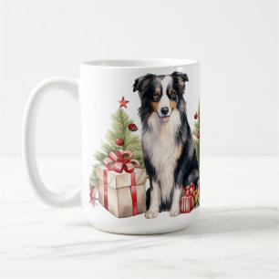 VATTERCOLOR CHRISTMAS GRÄNS COLLIE HUND KAFFEMUGG