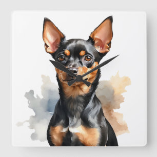 VATTERKOLOR SVART & TAN MINIATURE PINSCHER HUND FYRKANTIG KLOCKA