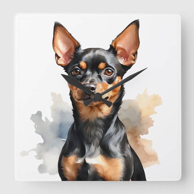 VATTERKOLOR SVART & TAN MINIATURE PINSCHER HUND FYRKANTIG KLOCKA (Framsida)