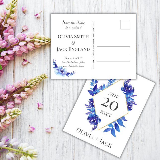 Vattfärg blå blomma Bröllop spara datum Vykort (watercolor blue flowers wedding save the date card)