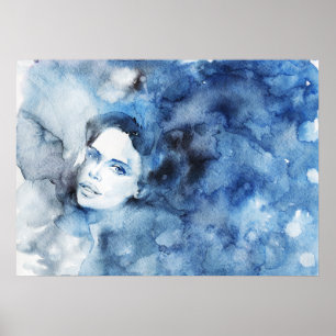 Vattfärg bläck porträtt av kvinna, målning poster