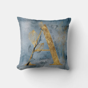 Vattfärg Blue Grått Guld A Monogram Dekorativ kudd Kudde