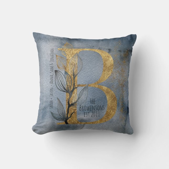 Vattfärg Blue Grått Guld B Monogram Dekorativ kudd Kudde (Framsida)