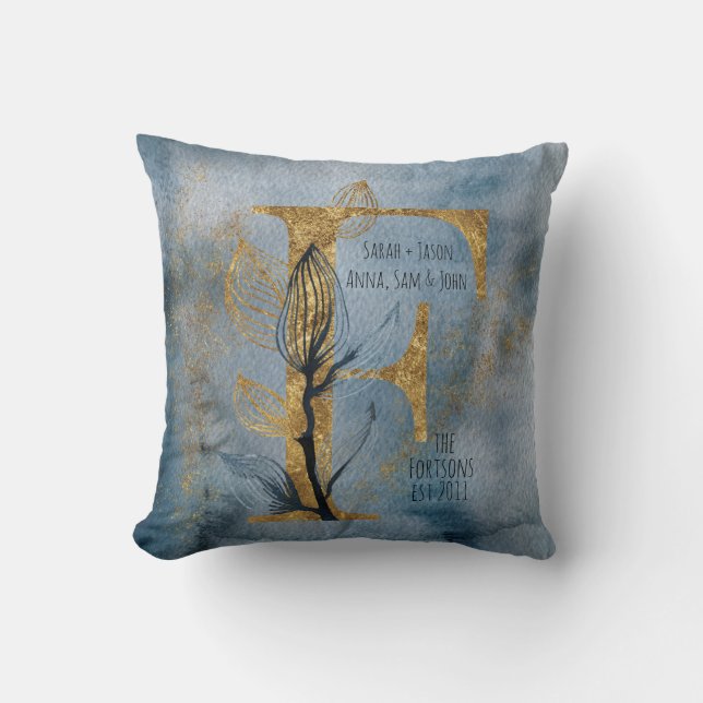 Vattfärg Blue Grått Guld F Monogram Dekorativ kudd Kudde (Framsida)