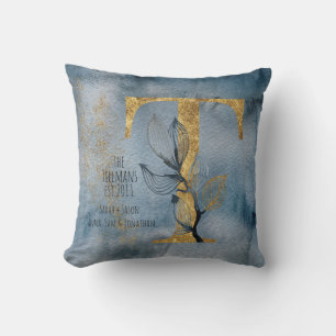 Vattfärg Blue Grått Guld T Monogram Dekorativ kudd Kudde