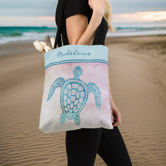 Vattfärg Blue Teal Sea Turtle on Peach Monogram Tygkasse (Skapare uppladdad)