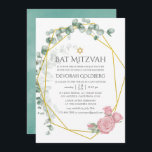 Vattfärg Eucalyptus Ro Geometric Bat mitzvah Inbjudningar<br><div class="desc">Trendigets geometriska eukalyptus greenery och  rosa ros bat mitzvah inbjudan med guld-geometriska ram och myntvattenfärg tvättar omvänd.</div>