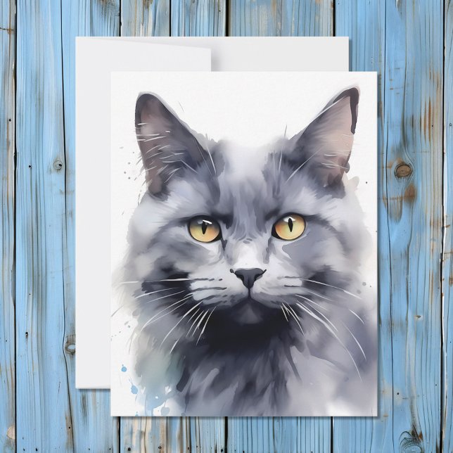 Vattfärg Grått Cat Porträtt Julkort (Skapare uppladdad)