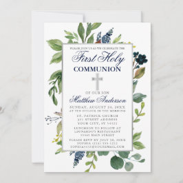 Vattfärg Greenery Blue First Heliga Communion Inbjudningar