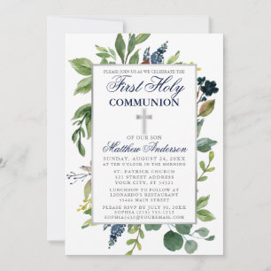Vattfärg Greenery Blue First Heliga Communion Inbjudningar