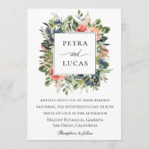 Vattfärg Greenery Navy Coral Blommigt Bröllop