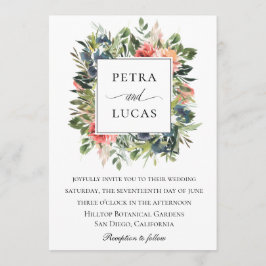 Vattfärg Greenery Navy Coral Blommigt Bröllop Inbjudningar