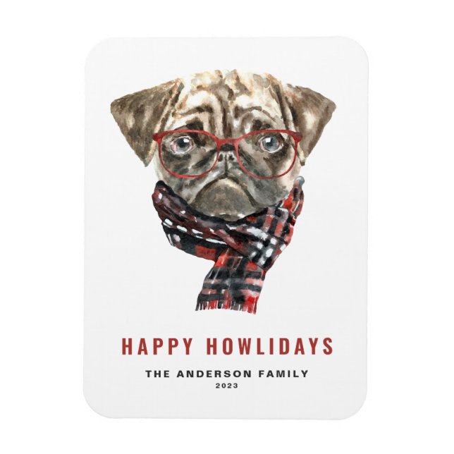 Vattfärg jul Pug Lycklig Howlidays Magnet (Vertikal)