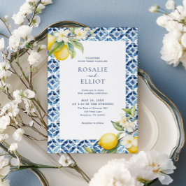 Vattfärg Lemon Blue Tile Italienska Bröllop Inbjudningar