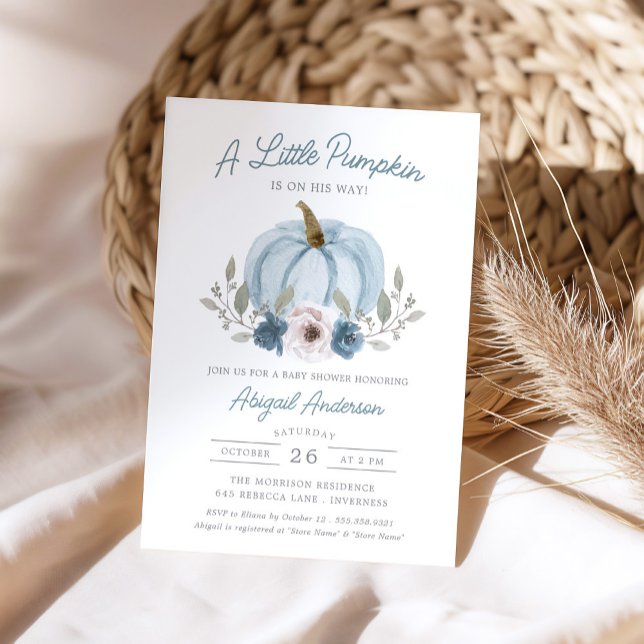 Vattfärg Little Pumpkin Baby Shower Blue Inbjudningar (Skapare uppladdad)