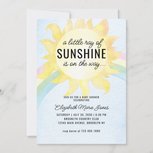 Vattfärg Little Ray of Sunshine Himlar Baby Shower Inbjudningar (Framsida)