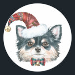 Vattfärg Long Hjärmed Chihuahua Santa jul Runt Klistermärke<br><div class="desc">Lycklig Howlidays! Lägg till en festiv accent på kort,  inbjudningar och kuvert med det här helgdag för anpassade. Den har en vattenfärg med lång smak chihuahua som bär en julhatt. Anpassa det här chihuahua-helgdag genom att lägga till dina uppgifter. Den här hund finns på andra djurhållare.</div>