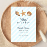Vattfärg Ocean Blue Boy Baby Shower Inbjudningar<br><div class="desc">Ahoy! Det är en pojk-Starfish Seashell Baby Shower-inbjudan. En söt vattenfärgsduschinbjudan till sjömansbebisen med sjöhäckar och stjärnfisk. Tungblå och ljusblå vattenfärg tvättar.</div>