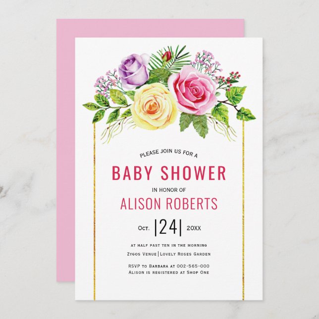 Vattfärg ro rosa blommigt Flickdusch för barn i  Inbjudningar (Fram/baksida)