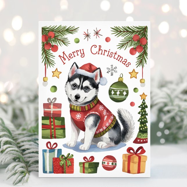 Vattfärg Siberian husky-julkort Julkort (Siberian Husky Christmas Card)