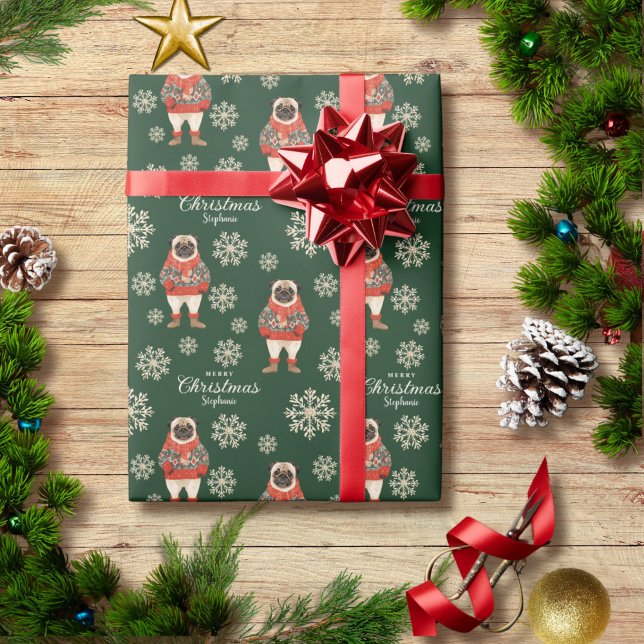 Vattfärg Snöflingor Grönt Pug Hund jul Presentpapper (Skapare uppladdad)