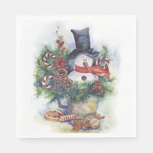 Vattfärg snögubbe Julgran - nyårsvvinter Pappersservett (Framsidan)
