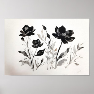 Vattfärg, svart Bläck, blomma Poster