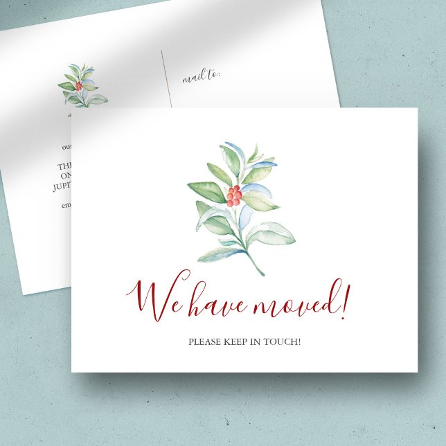 Vattfärg Vi har flyttat julvykort Vykort (Christmas new address cards watercolor botanical red & green art by Victoria Grigaliunas )