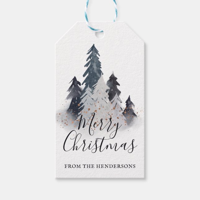 Vattfärg Vinter Träd jul Presentetikett (Framsidan)