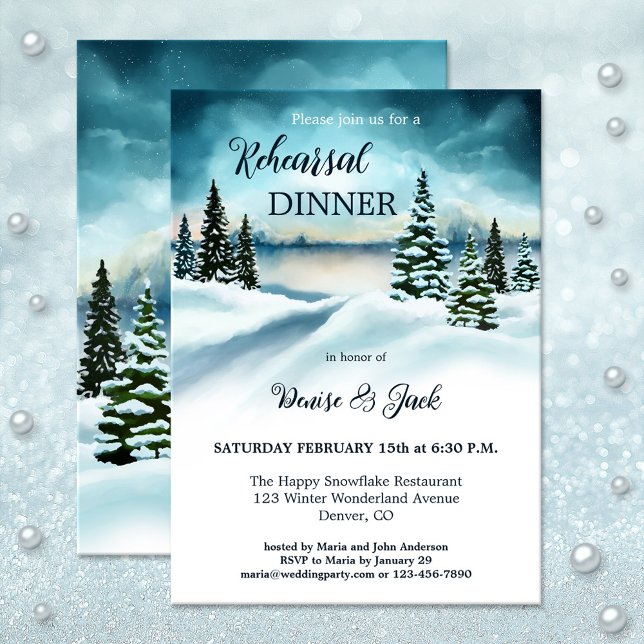 Vattfärg Vinter Wonderland Gräs Rehearsal Dinner Inbjudningar (Winter rehearsal dinner invitation featuring a watercolor winter wonderland scene with pine trees)