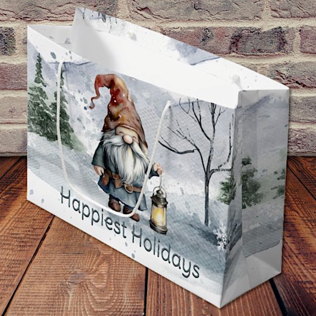 Vattfärg Vinterjulgransknom (Watercolor Winter Christmas Gnome Gift Bag)