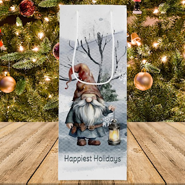 Vattfärg Vinterjulgransknom (Watercolor Winter Christmas Gnome Wine Gift Bag)