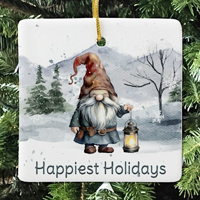 Vattfärg Vinterjulgransknom Julgransprydnad Keramik (Watercolor Winter Christmas Gnome Ceramic Ornament)