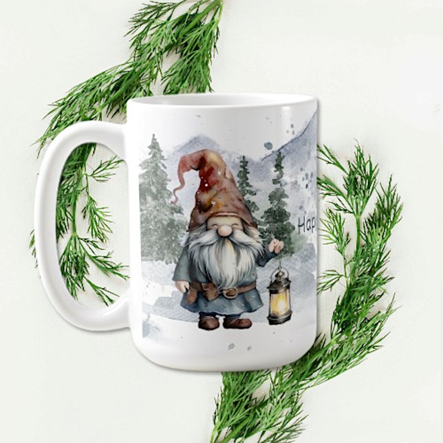 Vattfärg Vinterjulgransknom Kaffemugg (Watercolor Winter Christmas Gnome Coffee Mug)