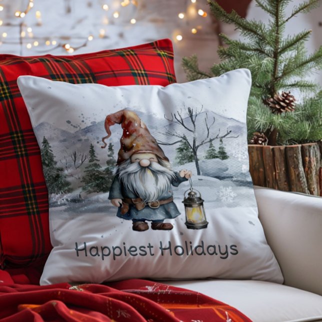 Vattfärg Vinterjulgransknom Kudde (Watercolor Winter Christmas Gnome Throw Pillow)