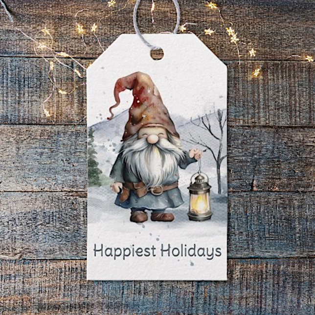 Vattfärg Vinterjulgransknom Presentetikett (Watercolor Winter Christmas Gnome Gift Tags)