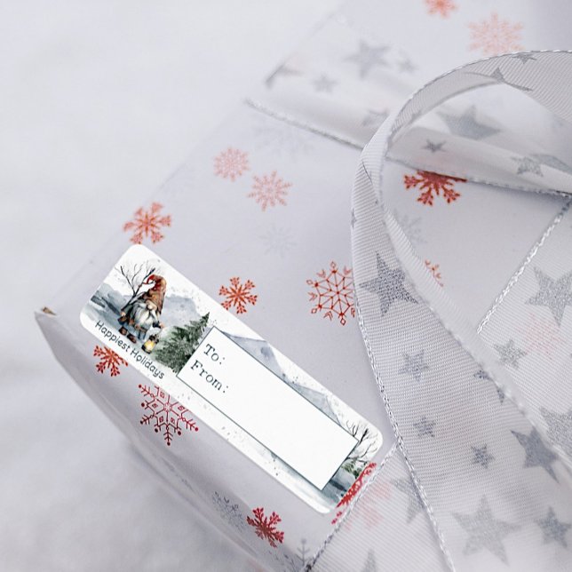 Vattfärg Vinterjulgransknom Returadress Etikett (Watercolor Winter Christmas Gnome To and From Gift Labels)