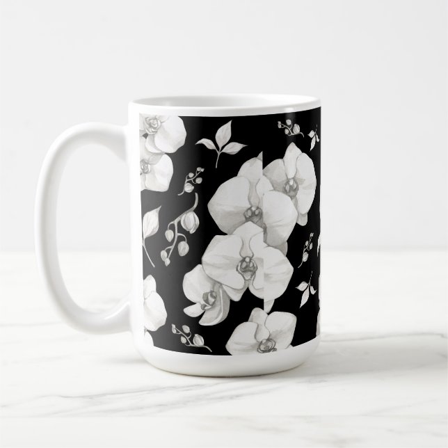 Vattfärg Vit Orchid på svart | Kaffemugg (Vänster)