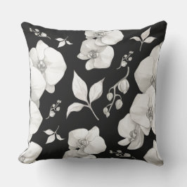 Vattfärg Vit Orchid på svart | Kudde