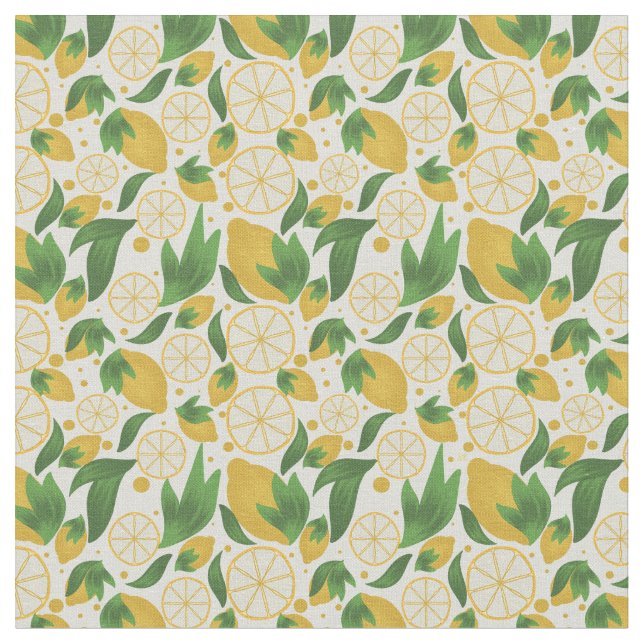 Vattfärg White Lemon Fruit Mönster Tyg (Närbild)