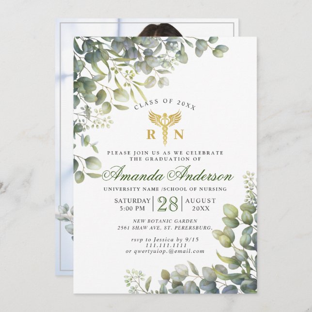 Vattfärgen Eucalyptus PHOTO Nursing Studenten Inbjudningar (Fram/baksida)